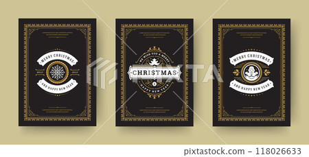 Christmas greeting cards vintage typographic design, ornate decorations, winter holidays wishes and ornament frames. 118026633