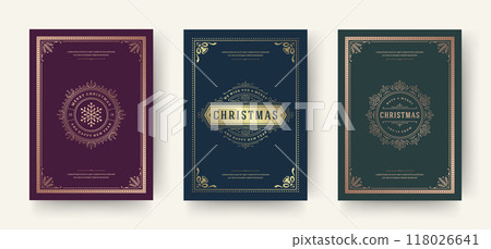 Christmas greeting cards vintage typographic design, ornate decorations symbols with snowflake, winter holidays wishes 118026641