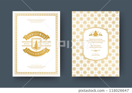 Christmas greeting card vintage typographic design, ornate decorations symbols with tree, winter holidays wish 118026647