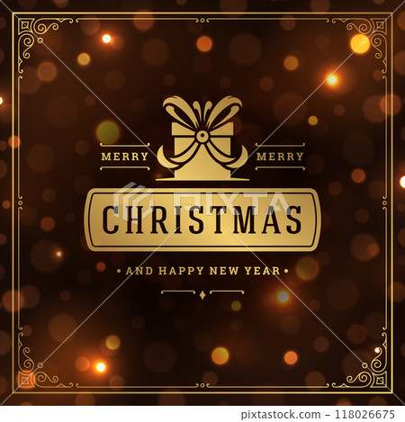 Merry christmas and happy new year text greeting card vintage typographic design, ornate decoration with gift symbol 118026675