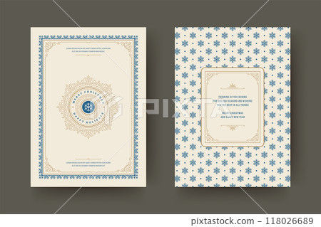 Christmas greeting card vintage typographic design, ornate decorations with symbols, winter holidays wish Christmas greeting card vintage typographic design, ornate decorations with symbols, winter holidays wish 118026689