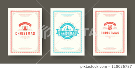 Christmas greeting cards set vintage typographic design, ornate decoration symbols vector illustration 118026787
