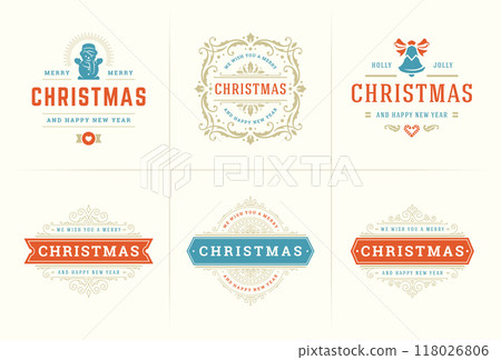 Christmas vector ornate labels and badges set with happy new year holidays wishes typography for greeting cards 118026806