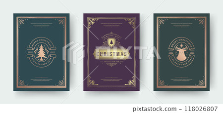 Christmas greeting cards set with vintage typographic design ornate decoration 118026807