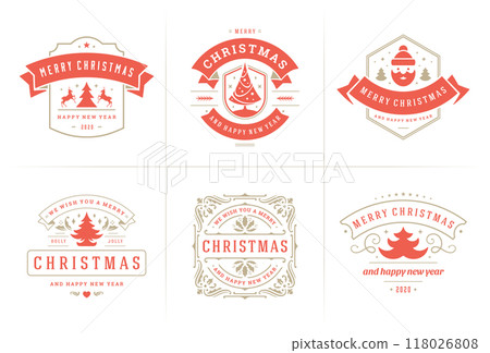 Christmas vector ornate labels and badges set with happy new year holidays wishes typography for greeting cards 118026808