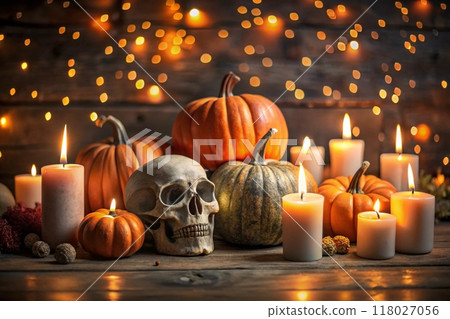 Halloween background - candles skull and pumpkin. Generative AI. 118027056