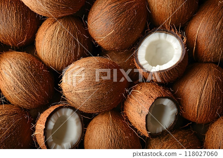 Texture of fresh coconuts, closeup. Generative AI. 118027060