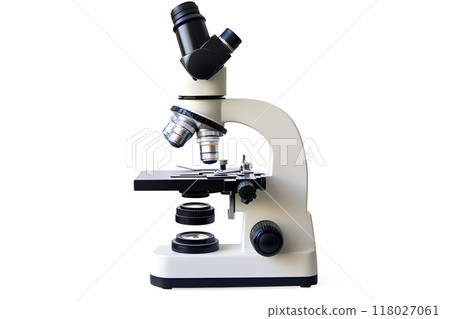 Microscope on empty white background. Generative AI. 118027061