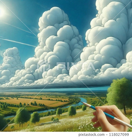 Cottony clouds spreading across the summer sky and rural scenery 118027099