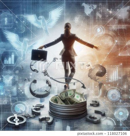 business concept with businessman who's being released from financial struggles  118027106