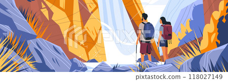 Hikers with backpacks exploring rocky canyon with waterfall and sunlight. Adventure nature outdoor travel landscape 118027149