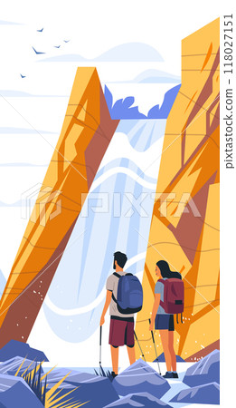 Hikers with backpacks admire waterfall between cliffs birds in sky rocky terrain adventure nature landscape Hikers with backpacks admire waterfall between cliffs birds in sky rocky terrain adventure nature landscape 118027151