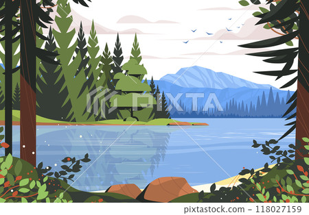 Mountain lake forest landscape with pine trees calm water and blue sky Mountain lake forest landscape with pine trees calm water and blue sky 118027159