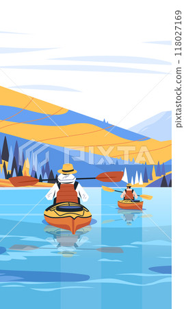 Kayakers on a calm lake with mountains and trees in the background outdoor adventure nature landscape 118027169