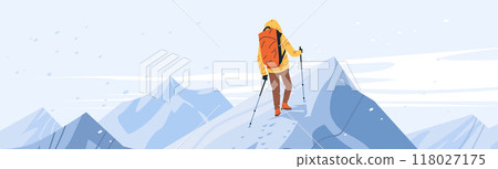 Hiker in yellow jacket with backpack and trekking poles climbing snowy mountain peak under clear sky. Winter adventure landscape Hiker in yellow jacket with backpack and trekking poles climbing snowy mountain peak under clear sky. Winter adventure landscape 118027175