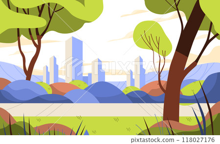 Cityscape with skyscrapers viewed from a park with trees hills and greenery under a bright sky 118027176