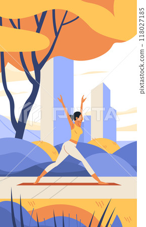 Woman practicing yoga outdoors in park with trees cityscape and nature background Woman practicing yoga outdoors in park with trees cityscape and nature background 118027185