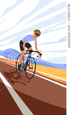 Cyclist riding road bike on open highway with mountains and dynamic sky background sports activity concept Cyclist riding road bike on open highway with mountains and dynamic sky background sports activity concept 118027196
