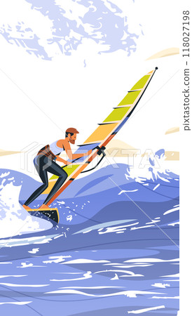 Windsurfer riding waves vibrant ocean scene dynamic water sports action colorful sail splashy sea adventure Windsurfer riding waves vibrant ocean scene dynamic water sports action colorful sail splashy sea adventure 118027198
