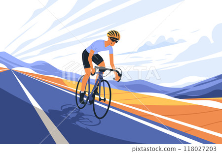 Cyclist riding on open road with scenic mountain landscape bright colors dynamic lines outdoor sports activity Cyclist riding on open road with scenic mountain landscape bright colors dynamic lines outdoor sports activity 118027203
