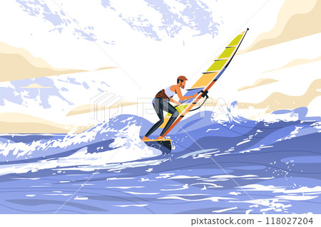 Windsurfer riding waves on ocean under cloudy sky dynamic water sports scene vibrant colors outdoor activity Windsurfer riding waves on ocean under cloudy sky dynamic water sports scene vibrant colors outdoor activity 118027204