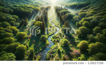 landscape of a river flowing through a lush forest, aerial view from a drone landscape of a river flowing through a lush forest, aerial view from a drone 118027206