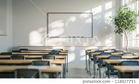 Empty classroom with desks, chairs, a whiteboard, and a plant in sunlight. 118027751
