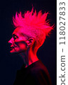 Trendy older woman with pointy hairstyle, neon, club, punk	 118027833