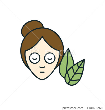 Woman relaxing with facial mask and green leaves for skin care 118028260