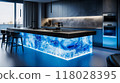 Modern Kitchen with Illuminated Blue Stone Island 118028395