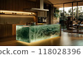 Modern Kitchen with Illuminated Blue Stone Island 118028396