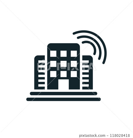 Smart city icon showing building emitting wifi signal 118028418