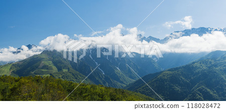 Hakuba Sanzan as seen from Hakuba Mountain Harbor at the summit of Hakuba Iwatake in Hakuba Village, Kitaazumi District, Nagano Prefecture, Japan Hakuba Sanzan as seen from Hakuba Mountain Harbor at the summit of Hakuba Iwatake in Hakuba Village, Kitaazumi District, Nagano Prefecture, Japan 118028472