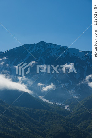 日本:長野縣北安淳郡白馬村白馬岩嶽山頂的白馬山港口看到的白馬三山 日本:長野縣北安淳郡白馬村白馬岩嶽山頂的白馬山港口看到的白馬三山 118028487