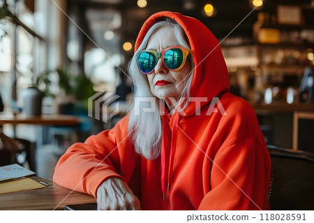 Beautiful older gray-haired woman in coffee shop in youth clothing, sweatshirt, fashionable 118028591