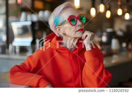 Beautiful older gray-haired woman in coffee shop in youth clothing, sweatshirt, fashionable 118028592
