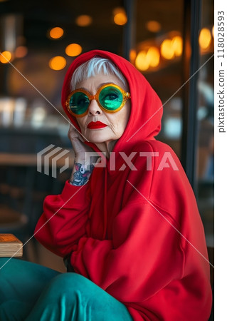 Beautiful older gray-haired woman in coffee shop in youth clothing, sweatshirt, fashionable 118028593