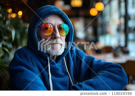 Beautiful older gray-haired man in coffee shop in youth clothing, sweatshirt, fashionable 118028598