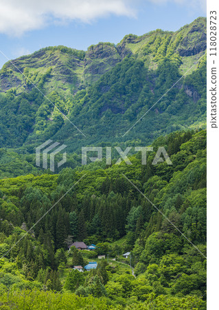 Nishidake of the Togakushi mountain range as seen from Taibo Pass in Kinasa, Nagano City, Nagano Prefecture, Japan 118028723