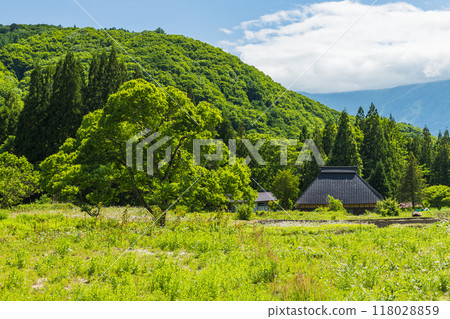 日本長野縣北安町白馬村的青二梯田和茅草屋頂私人住宅 118028859