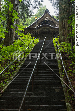 The stairs leading to the Hokosha Shrine of Togakushi Shrine in Nagano City, Nagano Prefecture, Japan The stairs leading to the Hokosha Shrine of Togakushi Shrine in Nagano City, Nagano Prefecture, Japan 118029046