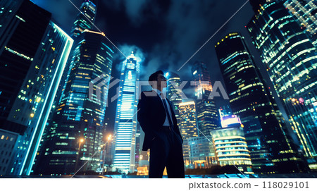 Night city and businessman silhouette 118029101