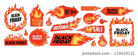 Black Friday badges. Flaming stickers hot sale. Selling marketing price label for promotional offer tag. Fire frame advertising template. Shopping burn banner. Vector set Black Friday badges. Flaming stickers hot sale. Selling marketing price label for promotional offer tag. Fire frame advertising template. Shopping burn banner. Vector set 118029132