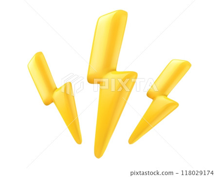3d lightning. Yellow 3 thunderbolts with glossy reflection icon. Render of lightning hit, electric strikes, flash of thunderbolt. Isolated cartoon vector illustration 118029174