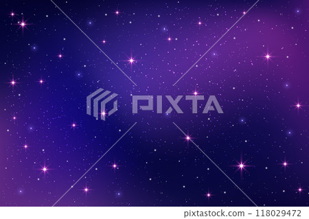 Night sky background. Purple starry space. Vector gradient galaxy with dark nebula. Magic blue and pink abstract cosmic sunset with sparkles and constellations. Dreamy celestial backdrop. Night sky background. Purple starry space. Vector gradient galaxy with dark nebula. Magic blue and pink abstract cosmic sunset with sparkles and constellations. Dreamy celestial backdrop. 118029472