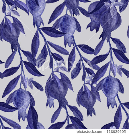 Pomegranates branches monochrome vertical seamless pattern on grey background. Hand painted watercolor in shades of Future dusk color ideal for sophisticated designs, textile, or prints. Dark-violet Pomegranates branches monochrome vertical seamless pattern on grey background. Hand painted watercolor in shades of Future dusk color ideal for sophisticated designs, textile, or prints. Dark-violet 118029605