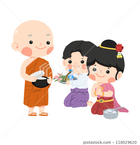 Buddhist monk receive food offering from couple 118029620