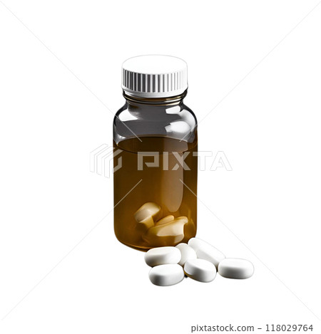 有棕色液體和白色藥片的瓶子 有棕色液體和白色藥片的瓶子 118029764
