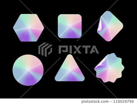 Holographic stickers. Hologram labels shapes. Colored blank rainbow shiny emblems label. Vector 118029798