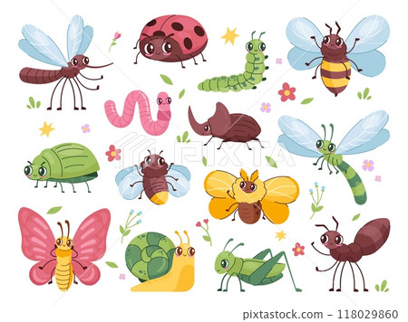 Cartoon insect characters. Children cute bug funny insects mascot, happy beetle garden pest antennae ant bee dragonfly mosquito fly bugs wildlife set, swanky vector illustration Cartoon insect characters. Children cute bug funny insects mascot, happy beetle garden pest antennae ant bee dragonfly mosquito fly bugs wildlife set, swanky vector illustration 118029860